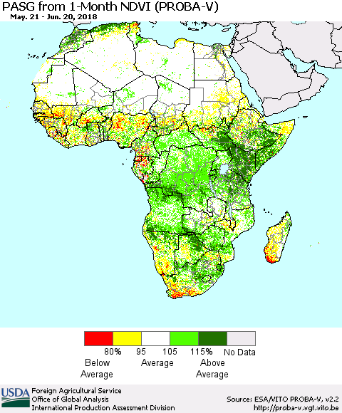 Africa PASG from 1-Month NDVI (PROBA-V) Thematic Map For 6/11/2018 - 6/20/2018