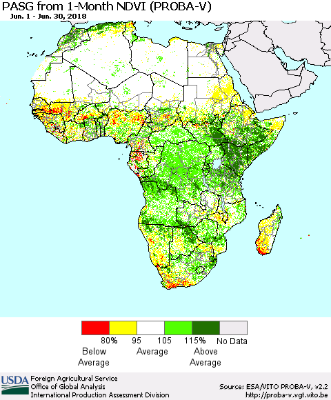 Africa PASG from 1-Month NDVI (PROBA-V) Thematic Map For 6/21/2018 - 6/30/2018