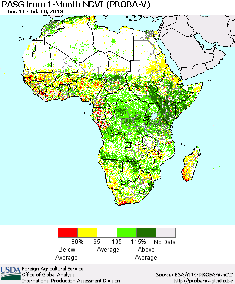 Africa PASG from 1-Month NDVI (PROBA-V) Thematic Map For 7/1/2018 - 7/10/2018
