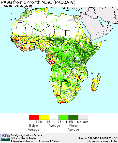Africa PASG from 1-Month NDVI (PROBA-V) Thematic Map For 7/11/2018 - 7/20/2018