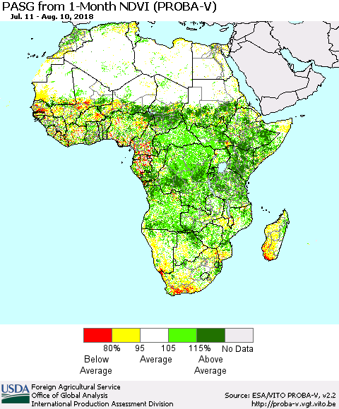 Africa PASG from 1-Month NDVI (PROBA-V) Thematic Map For 8/1/2018 - 8/10/2018