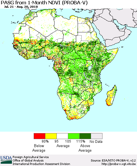 Africa PASG from 1-Month NDVI (PROBA-V) Thematic Map For 8/11/2018 - 8/20/2018
