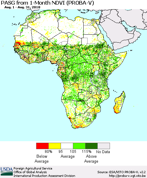 Africa PASG from 1-Month NDVI (PROBA-V) Thematic Map For 8/21/2018 - 8/31/2018