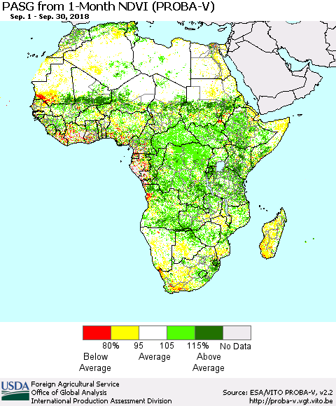 Africa PASG from 1-Month NDVI (PROBA-V) Thematic Map For 9/21/2018 - 9/30/2018