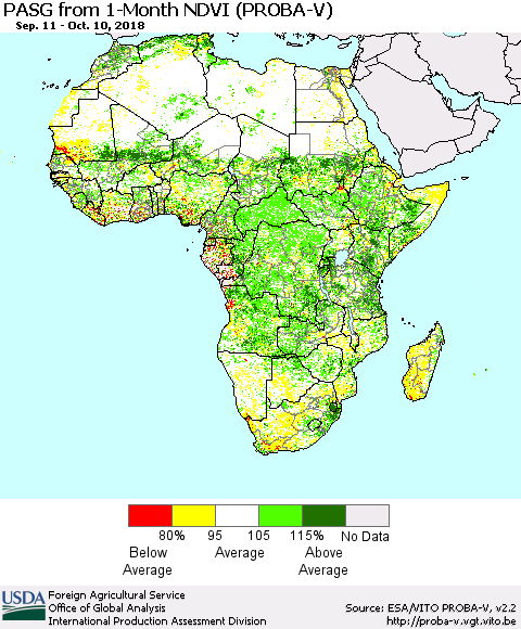 Africa PASG from 1-Month NDVI (PROBA-V) Thematic Map For 10/1/2018 - 10/10/2018