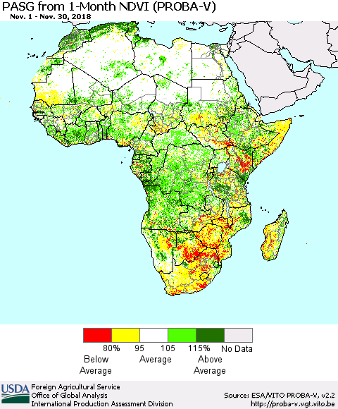 Africa PASG from 1-Month NDVI (PROBA-V) Thematic Map For 11/21/2018 - 11/30/2018