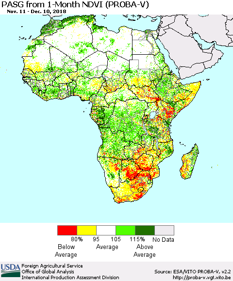Africa PASG from 1-Month NDVI (PROBA-V) Thematic Map For 12/1/2018 - 12/10/2018