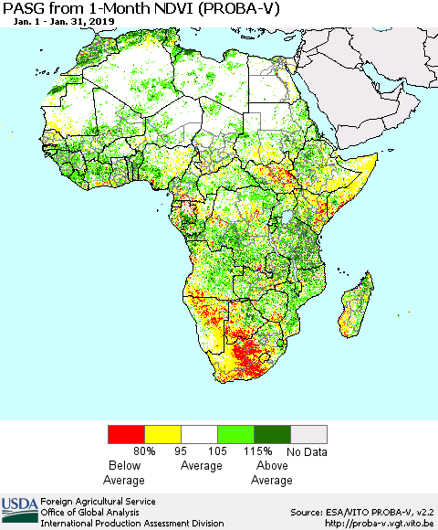 Africa PASG from 1-Month NDVI (PROBA-V) Thematic Map For 1/21/2019 - 1/31/2019