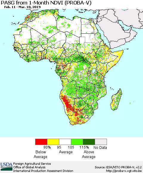 Africa PASG from 1-Month NDVI (PROBA-V) Thematic Map For 3/1/2019 - 3/10/2019