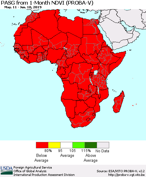 Africa PASG from 1-Month NDVI (PROBA-V) Thematic Map For 6/1/2019 - 6/10/2019
