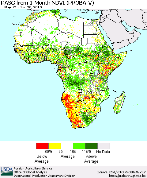 Africa PASG from 1-Month NDVI (PROBA-V) Thematic Map For 6/11/2019 - 6/20/2019