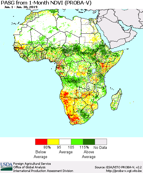 Africa PASG from 1-Month NDVI (PROBA-V) Thematic Map For 6/21/2019 - 6/30/2019