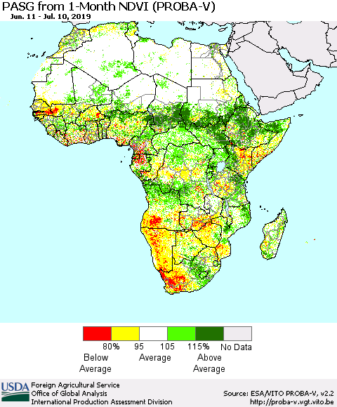 Africa PASG from 1-Month NDVI (PROBA-V) Thematic Map For 7/1/2019 - 7/10/2019
