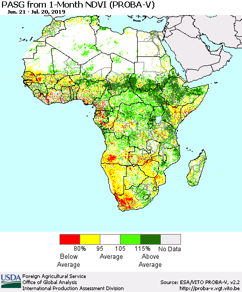 Africa PASG from 1-Month NDVI (PROBA-V) Thematic Map For 7/11/2019 - 7/20/2019