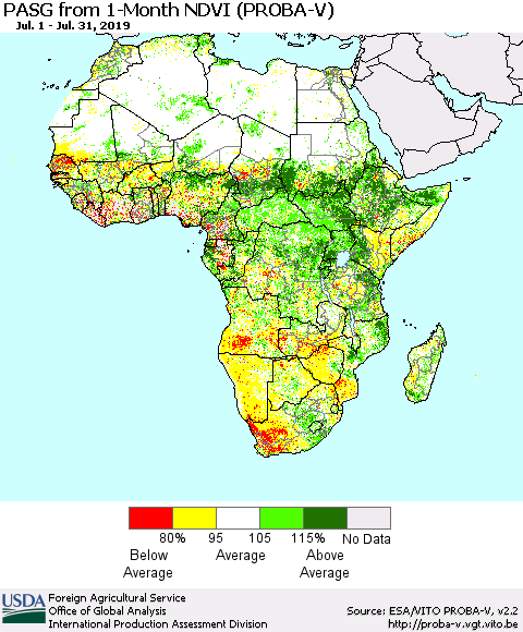 Africa PASG from 1-Month NDVI (PROBA-V) Thematic Map For 7/21/2019 - 7/31/2019