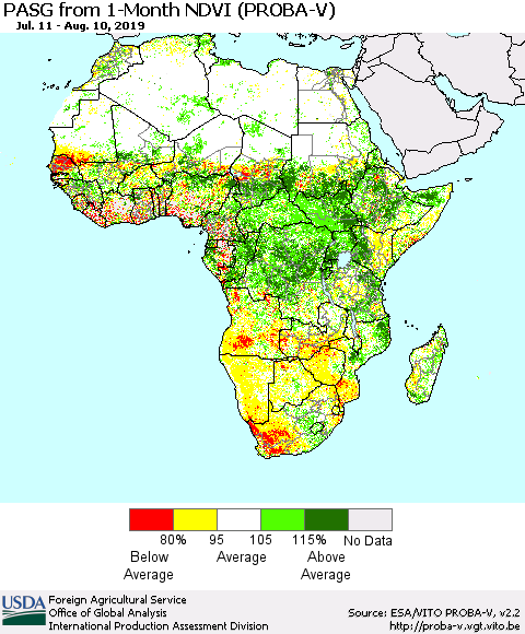 Africa PASG from 1-Month NDVI (PROBA-V) Thematic Map For 8/1/2019 - 8/10/2019