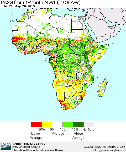 Africa PASG from 1-Month NDVI (PROBA-V) Thematic Map For 8/11/2019 - 8/20/2019