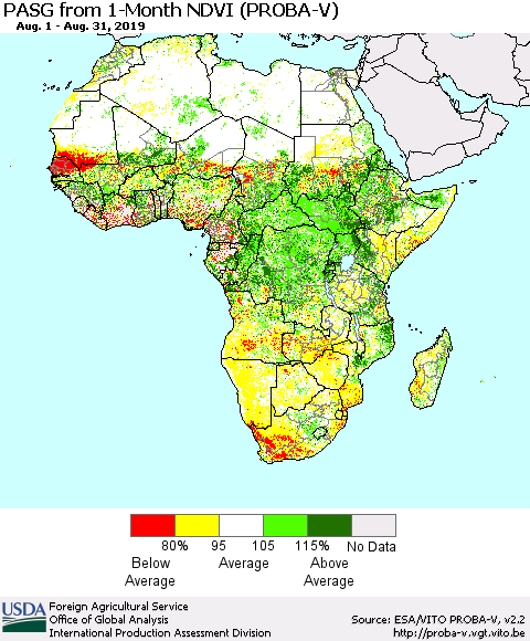 Africa PASG from 1-Month NDVI (PROBA-V) Thematic Map For 8/21/2019 - 8/31/2019