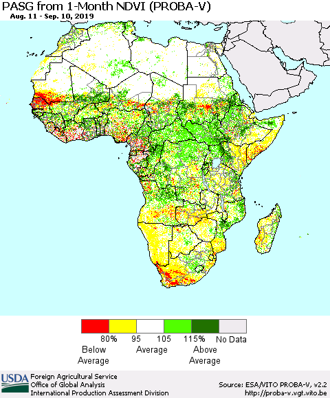 Africa PASG from 1-Month NDVI (PROBA-V) Thematic Map For 9/1/2019 - 9/10/2019