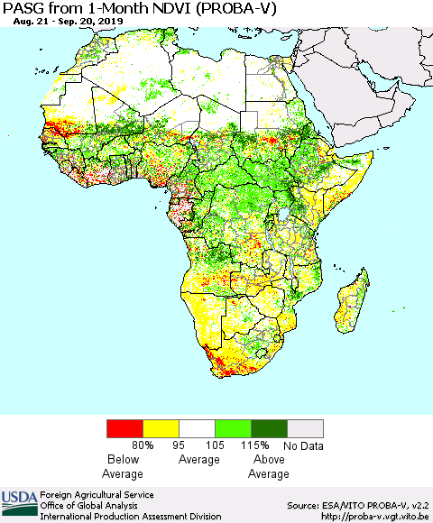 Africa PASG from 1-Month NDVI (PROBA-V) Thematic Map For 9/11/2019 - 9/20/2019
