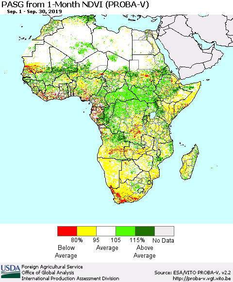 Africa PASG from 1-Month NDVI (PROBA-V) Thematic Map For 9/21/2019 - 9/30/2019