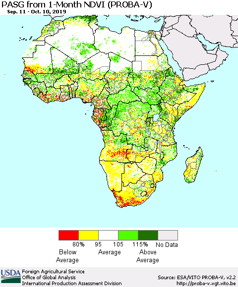 Africa PASG from 1-Month NDVI (PROBA-V) Thematic Map For 10/1/2019 - 10/10/2019