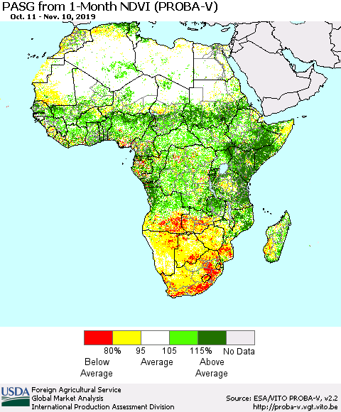 Africa PASG from 1-Month NDVI (PROBA-V) Thematic Map For 11/1/2019 - 11/10/2019