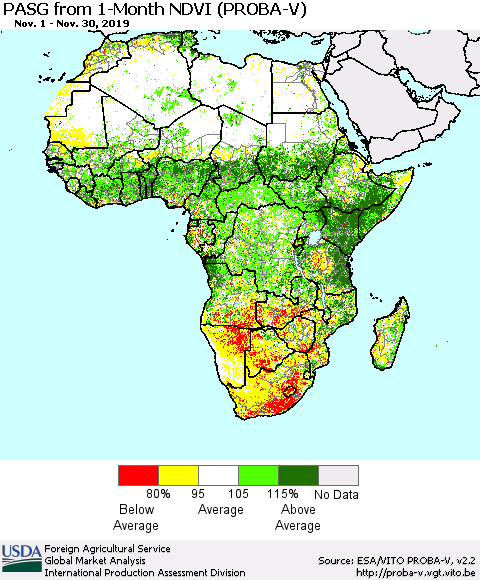 Africa PASG from 1-Month NDVI (PROBA-V) Thematic Map For 11/21/2019 - 11/30/2019