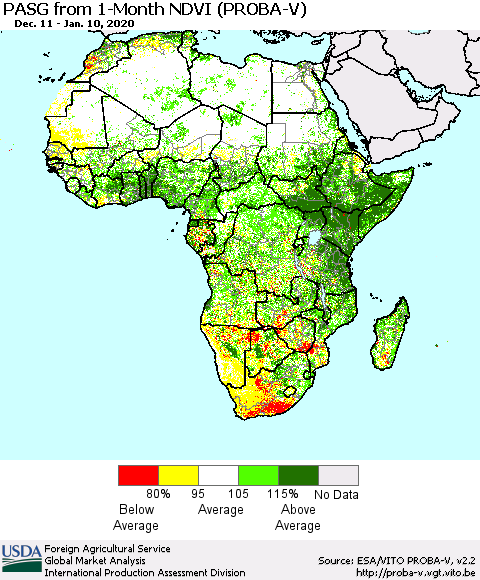 Africa PASG from 1-Month NDVI (PROBA-V) Thematic Map For 1/1/2020 - 1/10/2020
