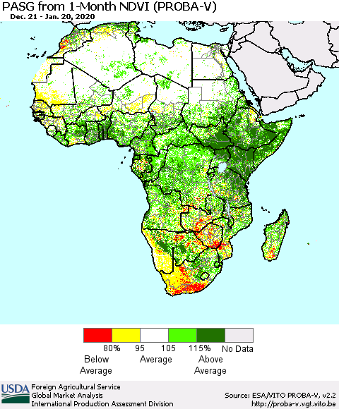 Africa PASG from 1-Month NDVI (PROBA-V) Thematic Map For 1/11/2020 - 1/20/2020