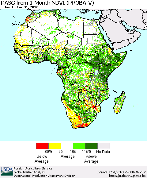 Africa PASG from 1-Month NDVI (PROBA-V) Thematic Map For 1/21/2020 - 1/31/2020