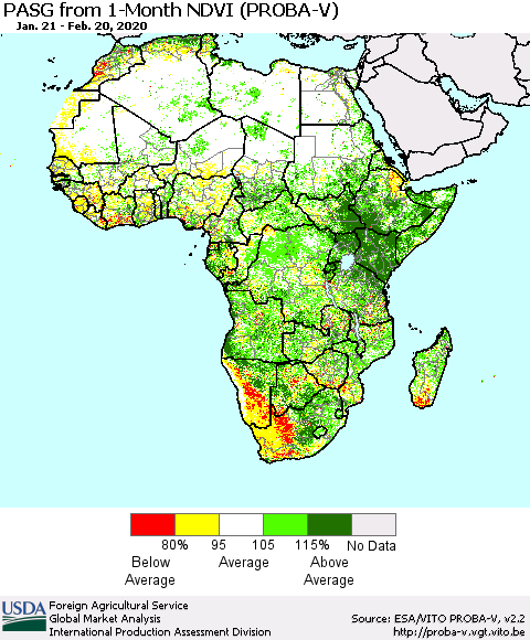 Africa PASG from 1-Month NDVI (PROBA-V) Thematic Map For 2/11/2020 - 2/20/2020