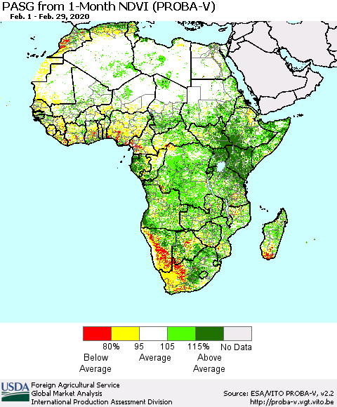 Africa PASG from 1-Month NDVI (PROBA-V) Thematic Map For 2/21/2020 - 2/29/2020