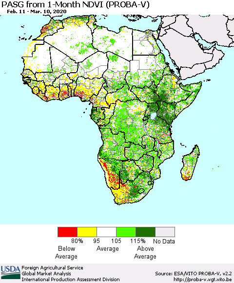 Africa PASG from 1-Month NDVI (PROBA-V) Thematic Map For 3/1/2020 - 3/10/2020