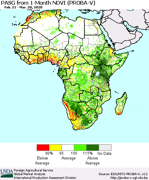 Africa PASG from 1-Month NDVI (PROBA-V) Thematic Map For 3/11/2020 - 3/20/2020