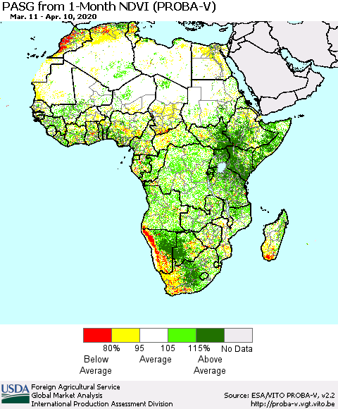 Africa PASG from 1-Month NDVI (PROBA-V) Thematic Map For 4/1/2020 - 4/10/2020