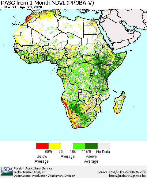 Africa PASG from 1-Month NDVI (PROBA-V) Thematic Map For 4/11/2020 - 4/20/2020