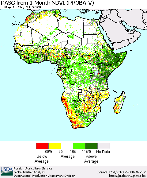 Africa PASG from 1-Month NDVI (PROBA-V) Thematic Map For 5/21/2020 - 5/31/2020