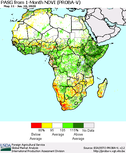Africa PASG from 1-Month NDVI (PROBA-V) Thematic Map For 6/1/2020 - 6/10/2020