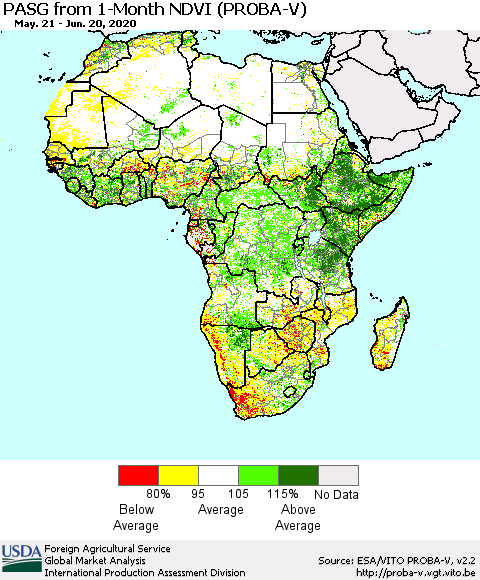 Africa PASG from 1-Month NDVI (PROBA-V) Thematic Map For 6/11/2020 - 6/20/2020