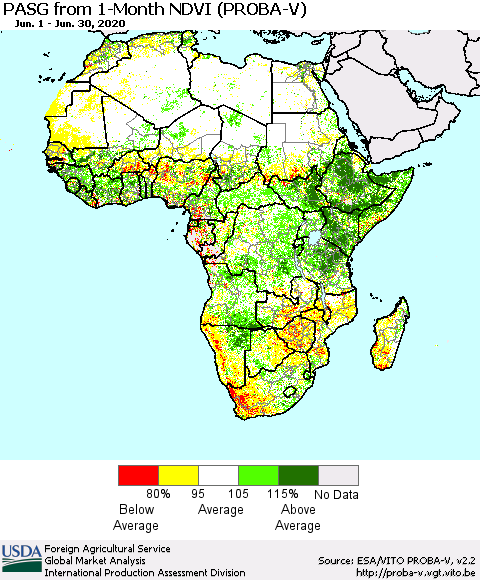 Africa PASG from 1-Month NDVI (PROBA-V) Thematic Map For 6/21/2020 - 6/30/2020