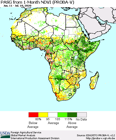 Africa PASG from 1-Month NDVI (PROBA-V) Thematic Map For 7/1/2020 - 7/10/2020