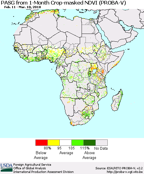 Africa PASG from 1-Month Crop-masked NDVI (PROBA-V) Thematic Map For 3/1/2018 - 3/10/2018