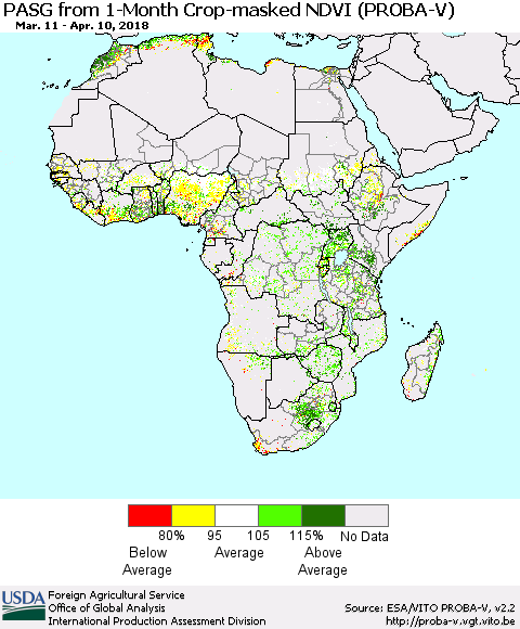 Africa PASG from 1-Month Crop-masked NDVI (PROBA-V) Thematic Map For 4/1/2018 - 4/10/2018