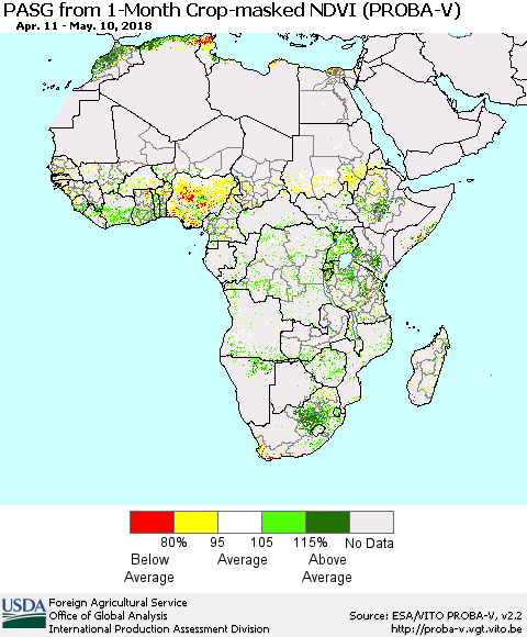 Africa PASG from 1-Month Crop-masked NDVI (PROBA-V) Thematic Map For 5/1/2018 - 5/10/2018