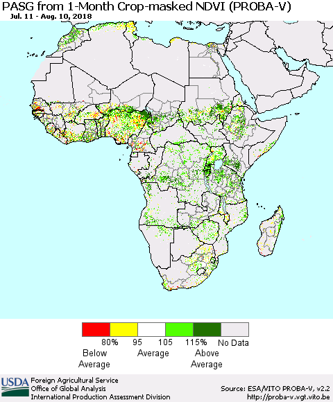 Africa PASG from 1-Month Crop-masked NDVI (PROBA-V) Thematic Map For 8/1/2018 - 8/10/2018