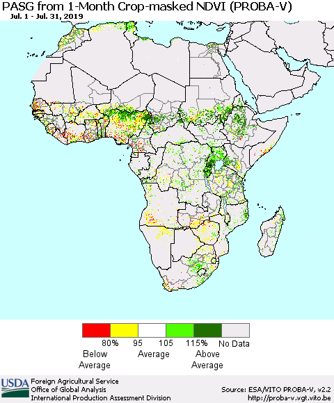 Africa PASG from 1-Month Crop-masked NDVI (PROBA-V) Thematic Map For 7/21/2019 - 7/31/2019
