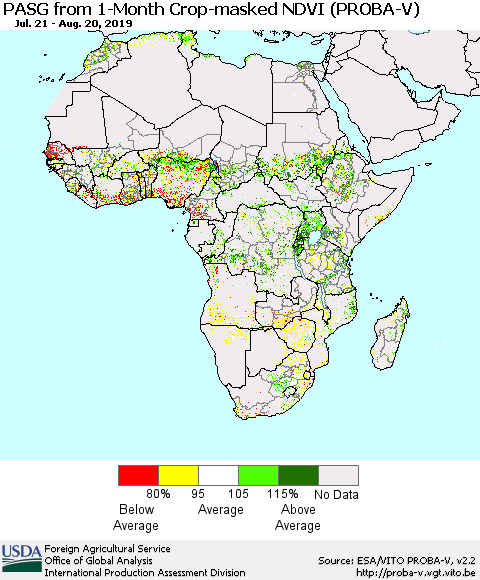 Africa PASG from 1-Month Crop-masked NDVI (PROBA-V) Thematic Map For 8/11/2019 - 8/20/2019