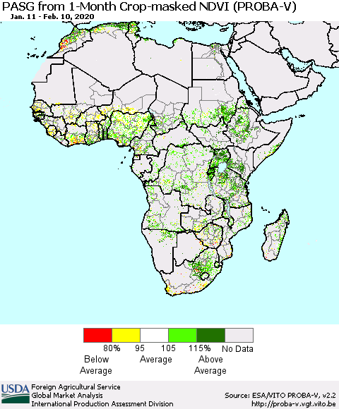 Africa PASG from 1-Month Crop-masked NDVI (PROBA-V) Thematic Map For 2/1/2020 - 2/10/2020