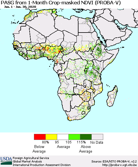 Africa PASG from 1-Month Crop-masked NDVI (PROBA-V) Thematic Map For 6/21/2020 - 6/30/2020